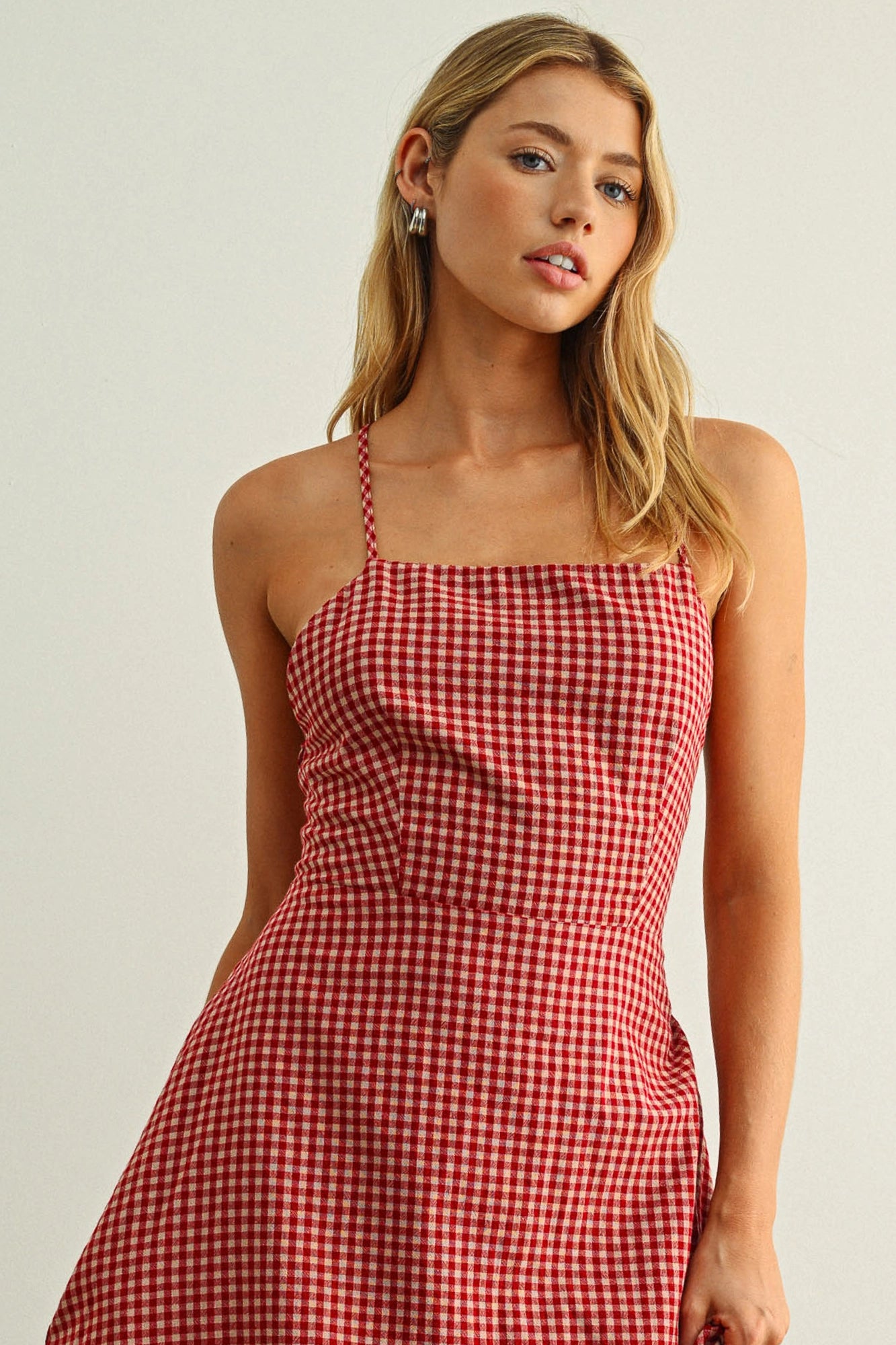 Gingham Lace-Up Maxi Dress - Red