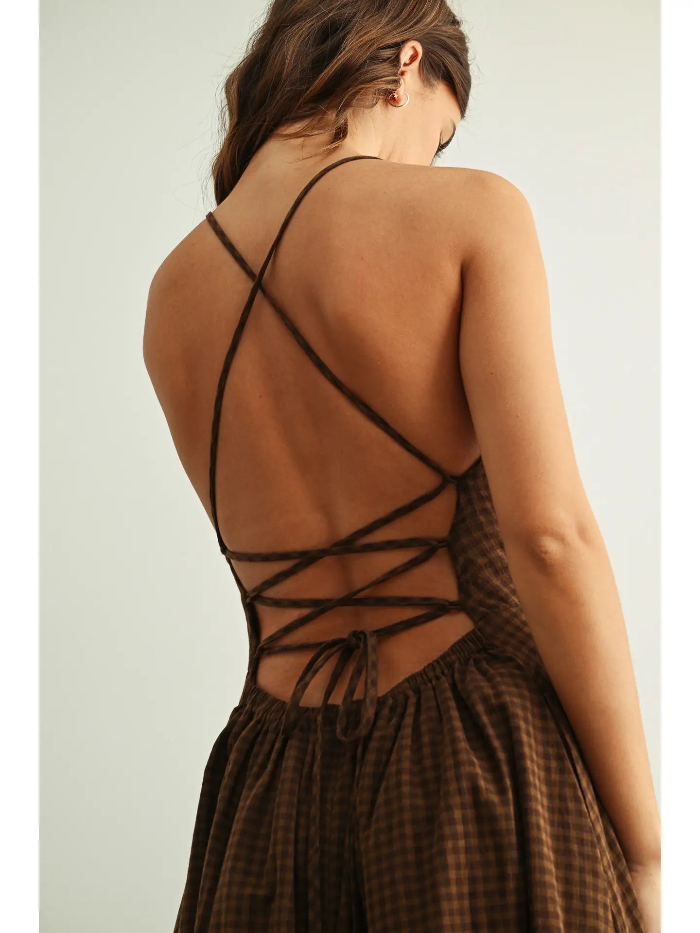 Gingham Lace-Up Maxi Dress - Brown