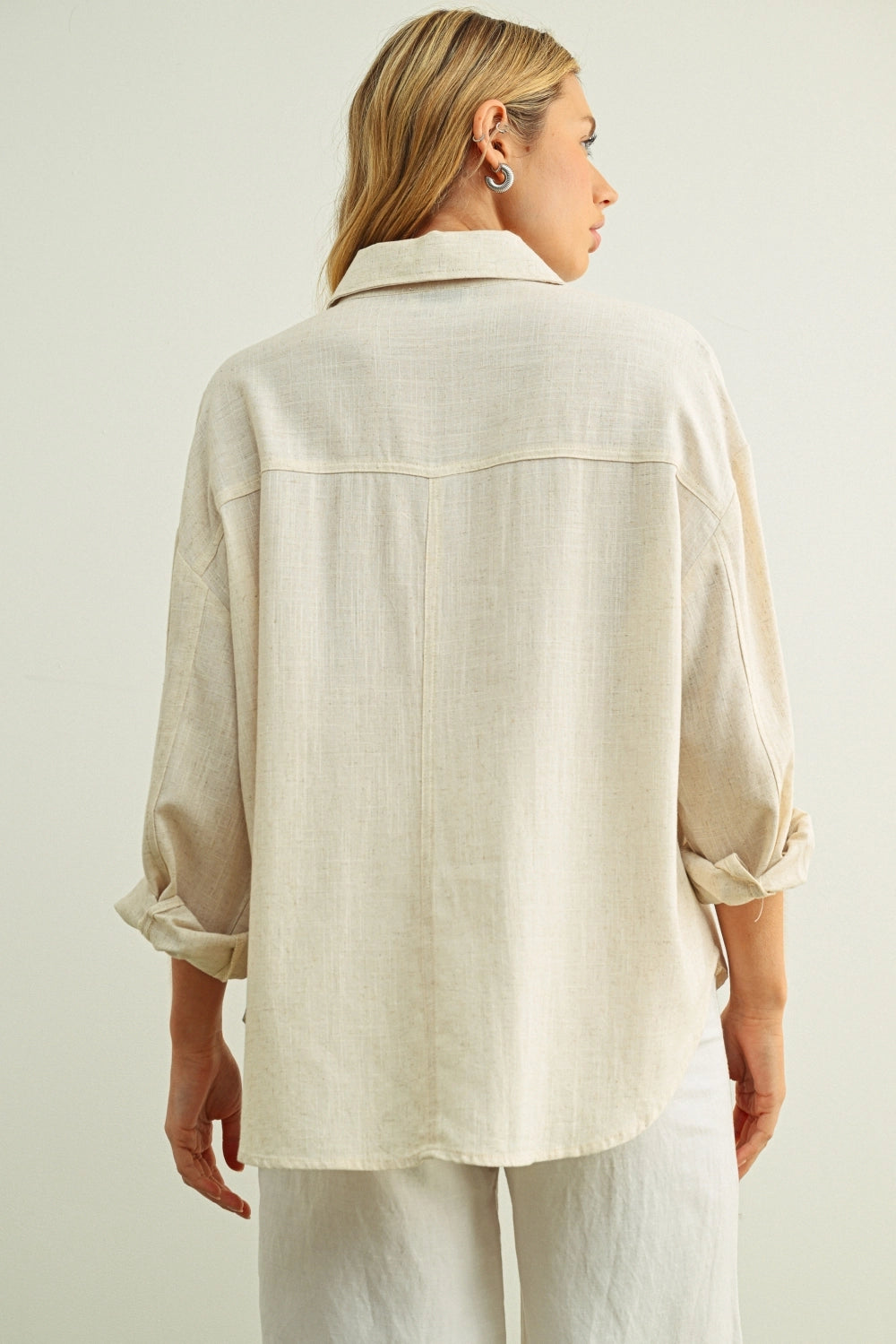 Linen Blend Button-Up Shirt - Oatmeal