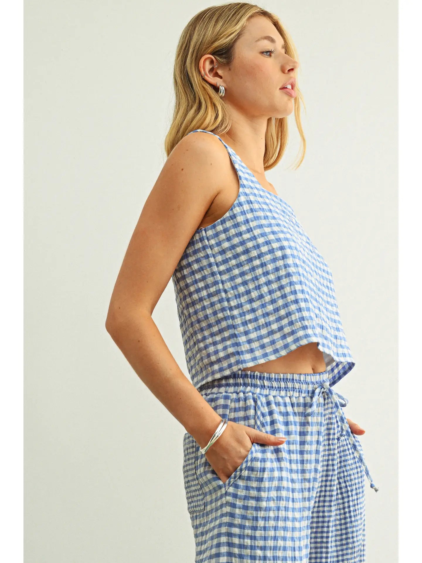 Gingham Square Neck Tank - Blue/White