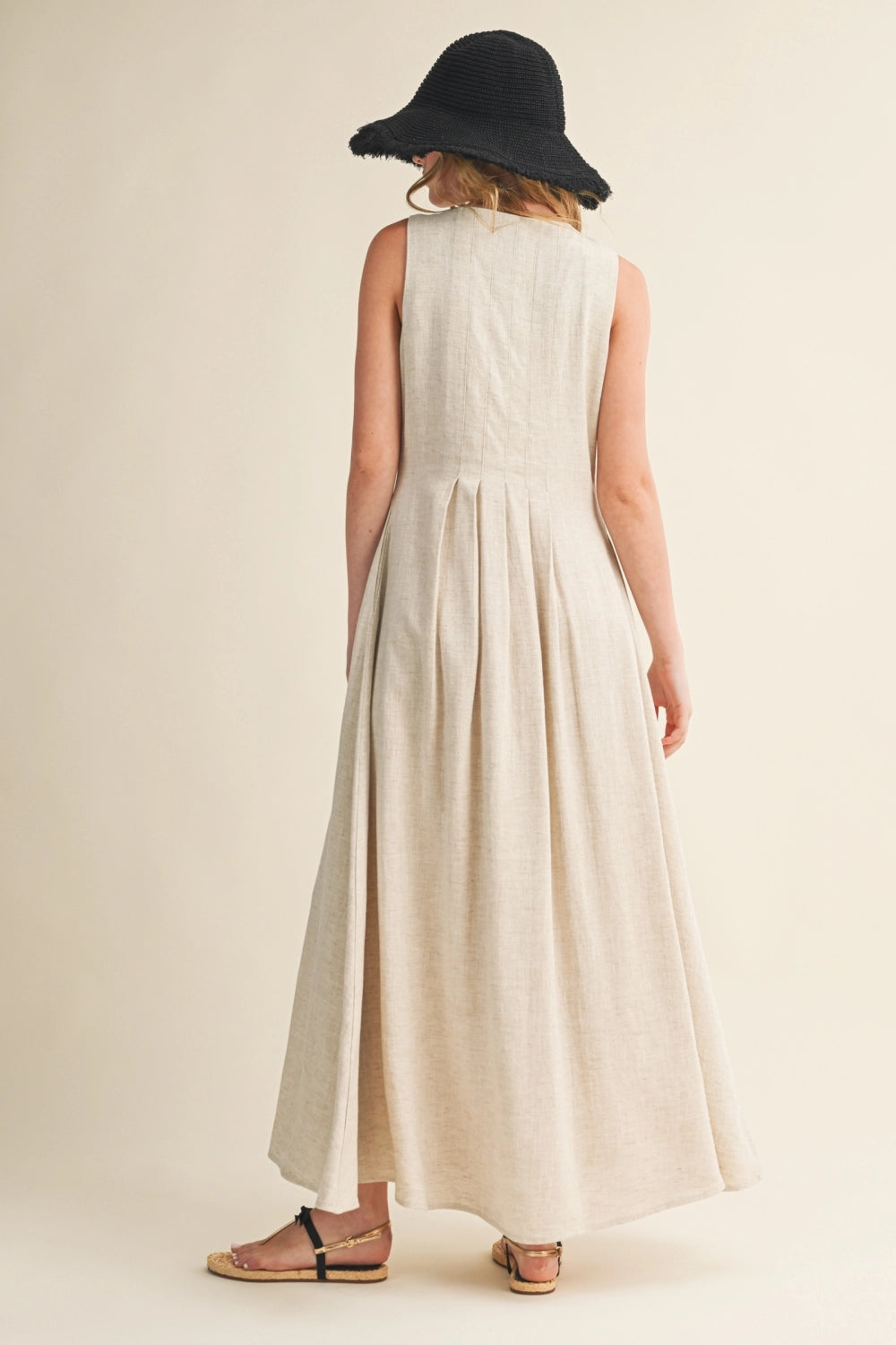 Pleated Button-Front Linen Maxi Dress - Oatmeal