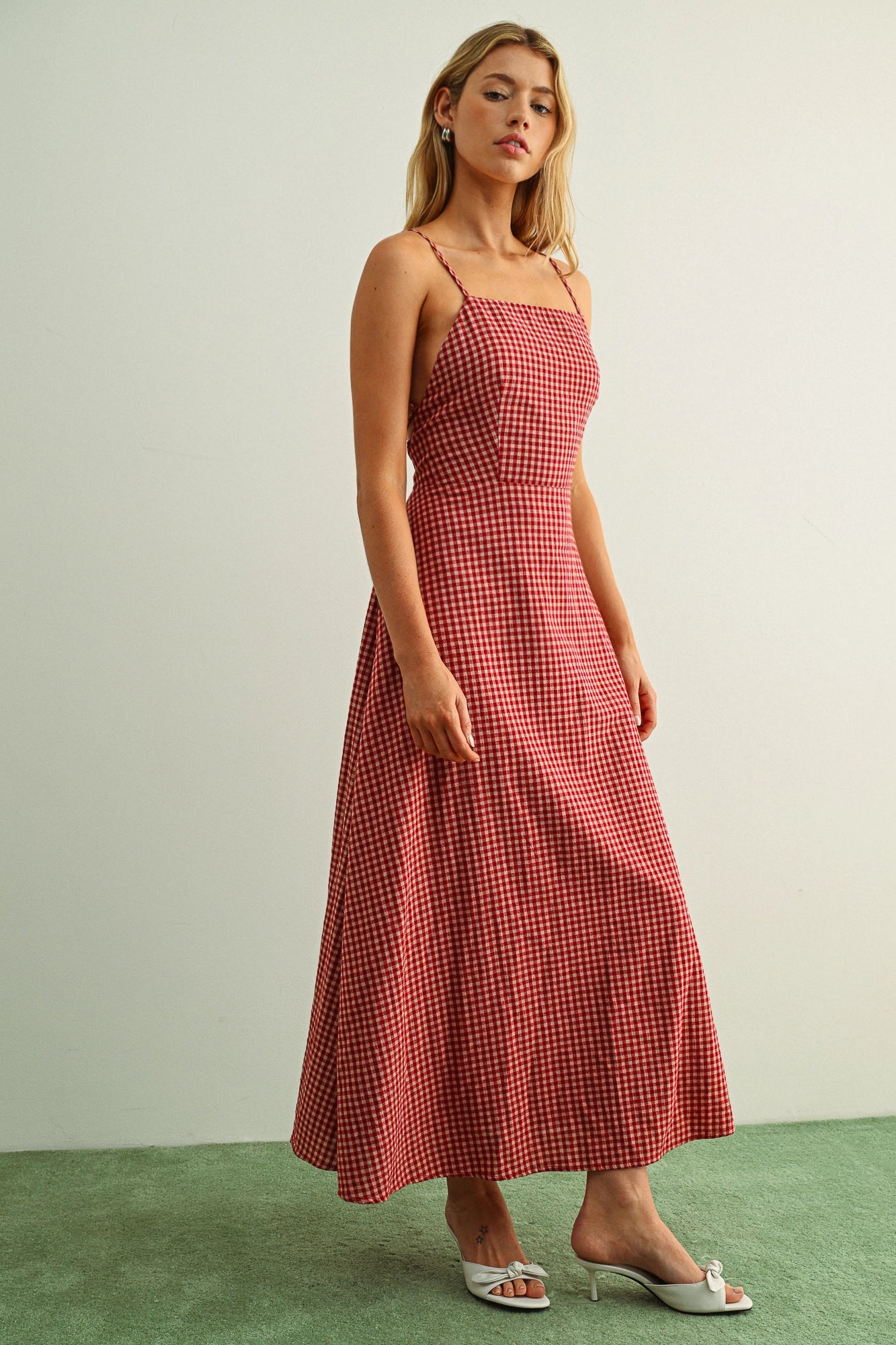 Gingham Lace-Up Maxi Dress - Red