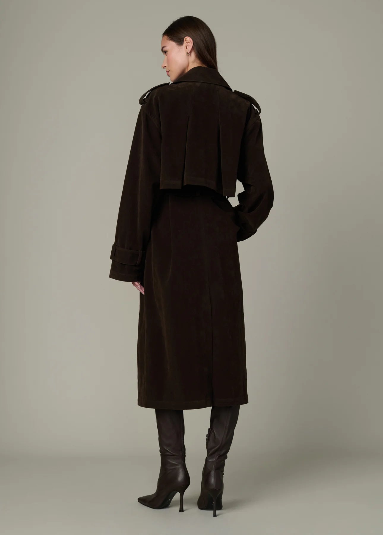 The Elizabeth Vegan Suede Trench Coat - Dark Chocolate