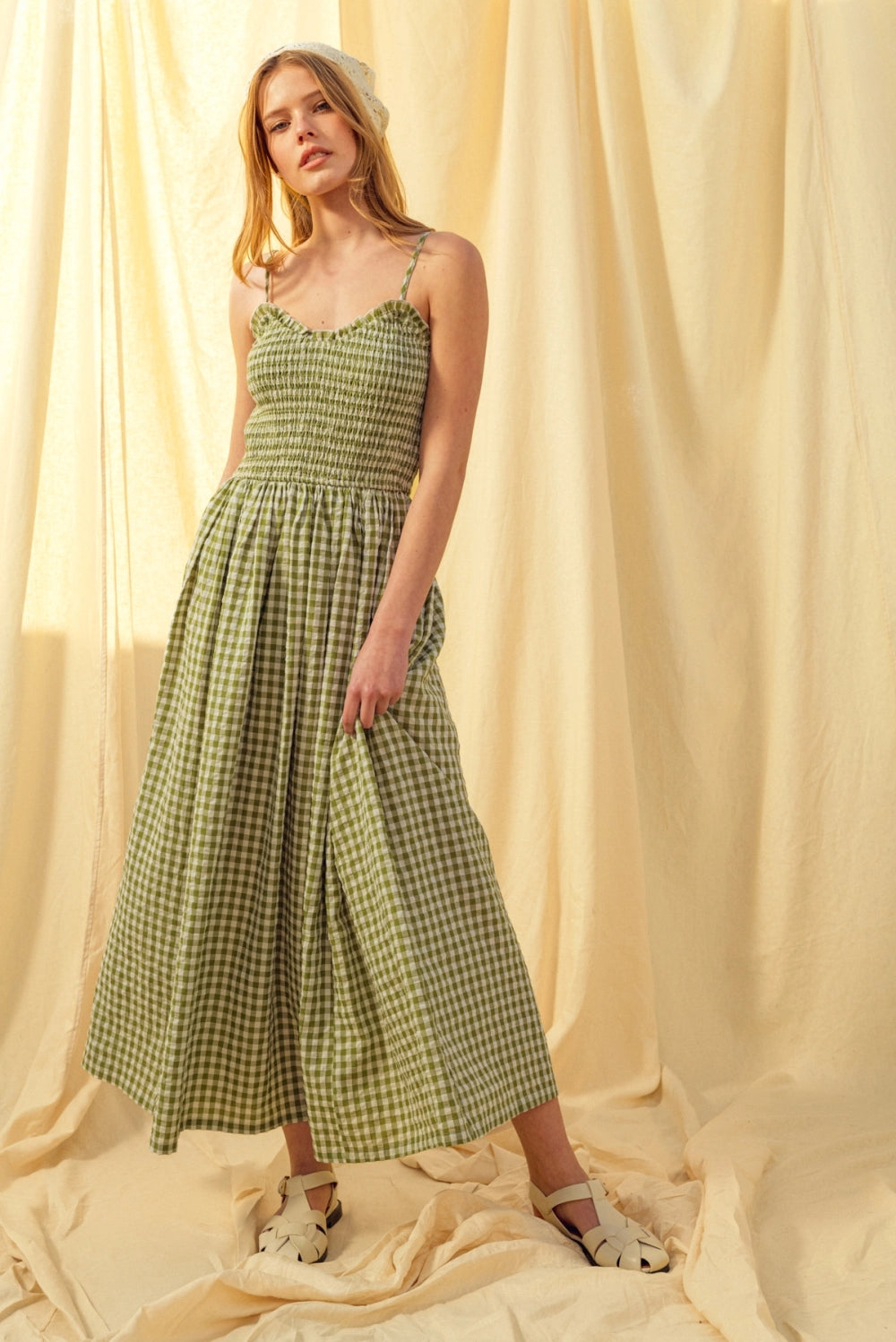 Gingham Print Long Dress - Green
