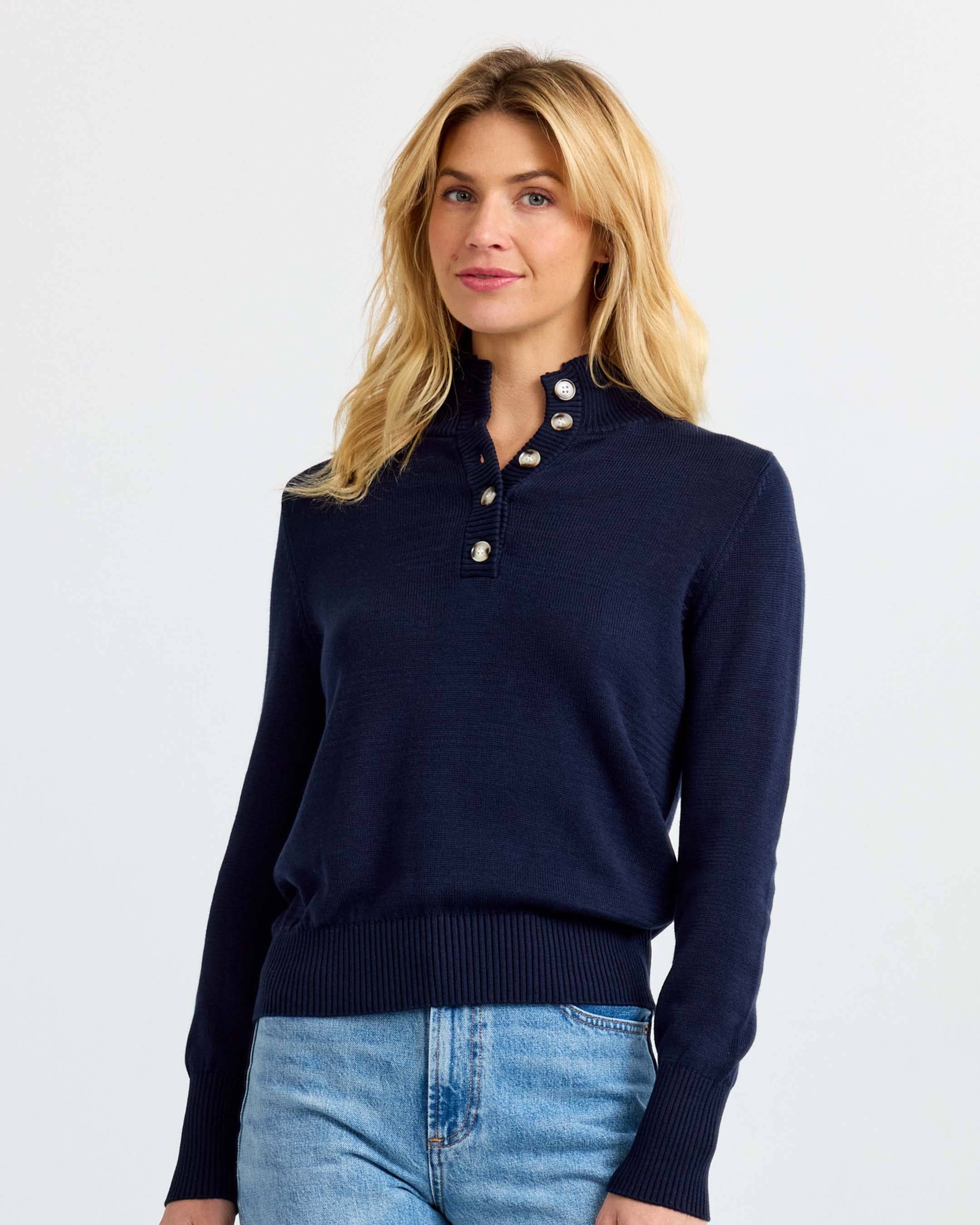 Cotton Henley Pullover - Navy