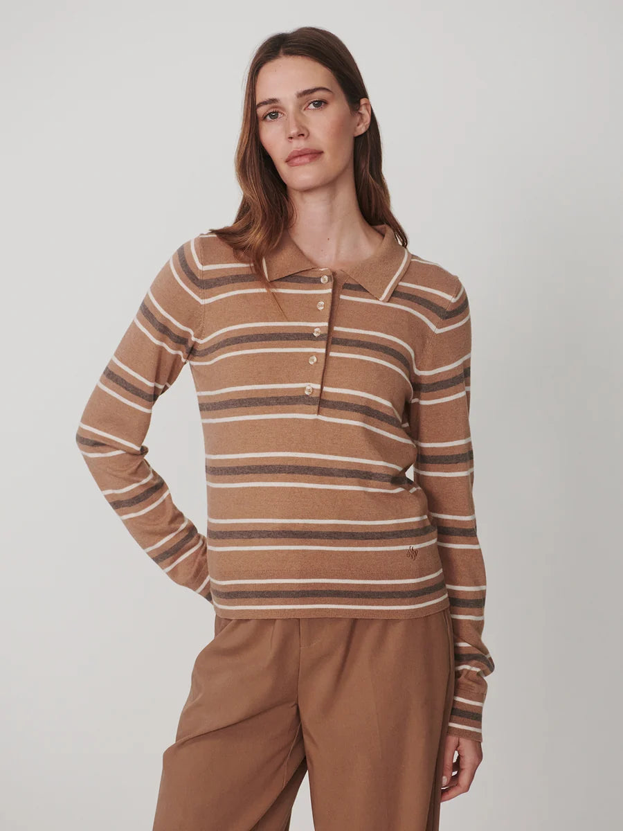 Mayra Stripe Knit Polo - Camel