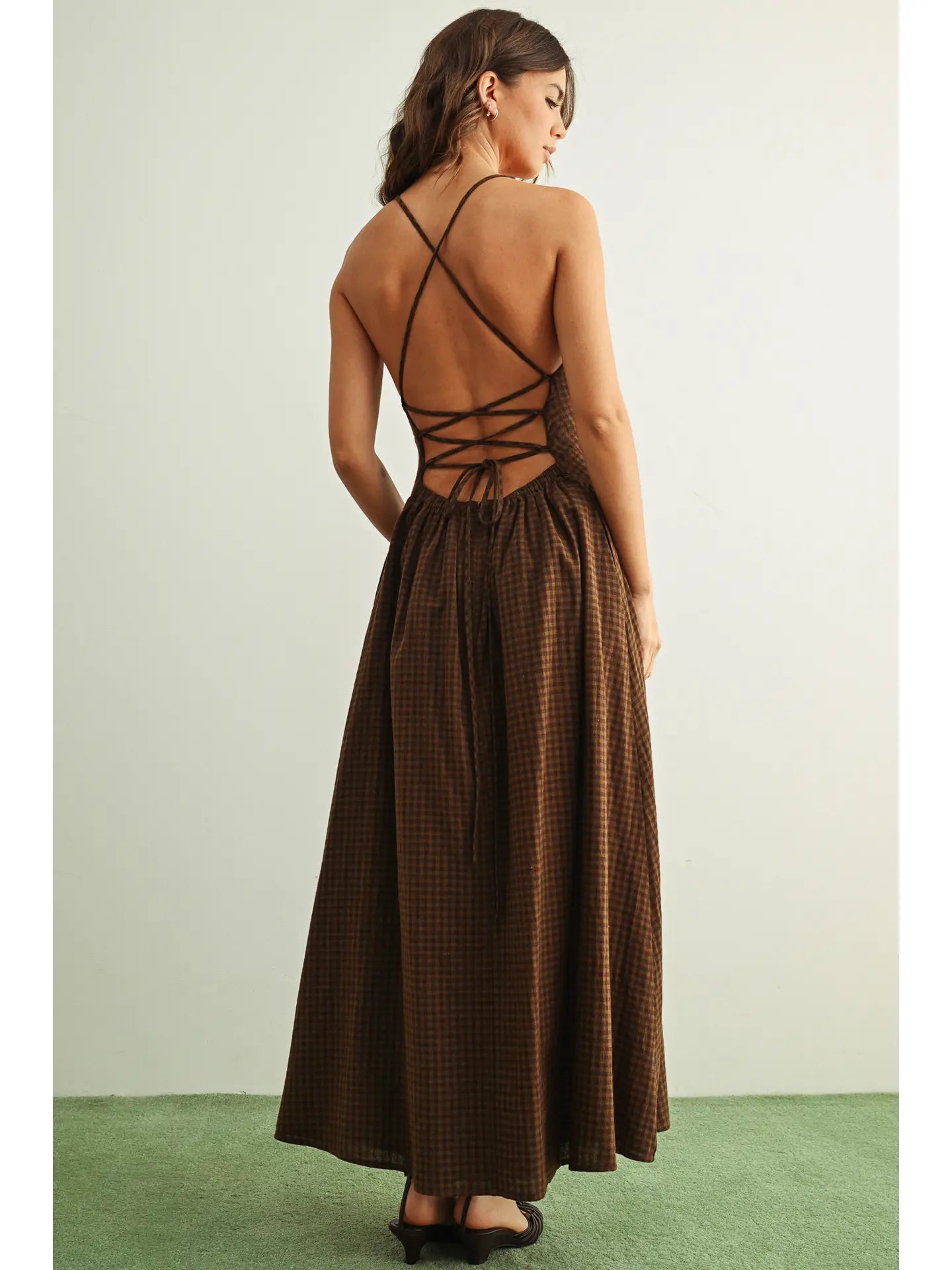 Gingham Lace-Up Maxi Dress - Brown