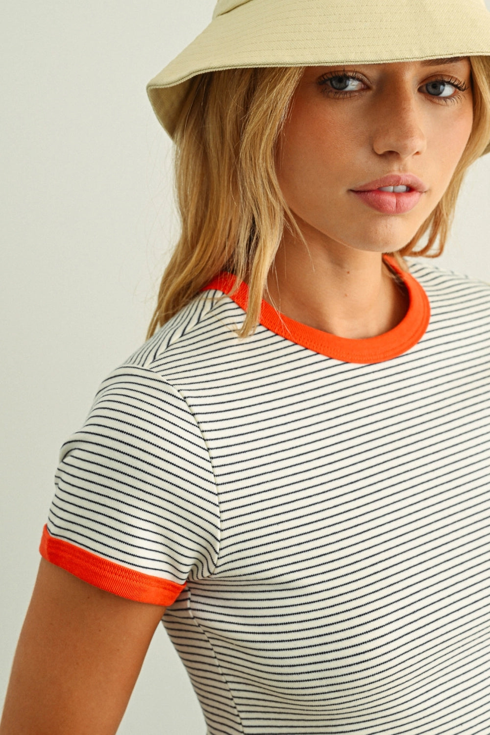 Striped Short Sleeve Ringer Tee - Orange