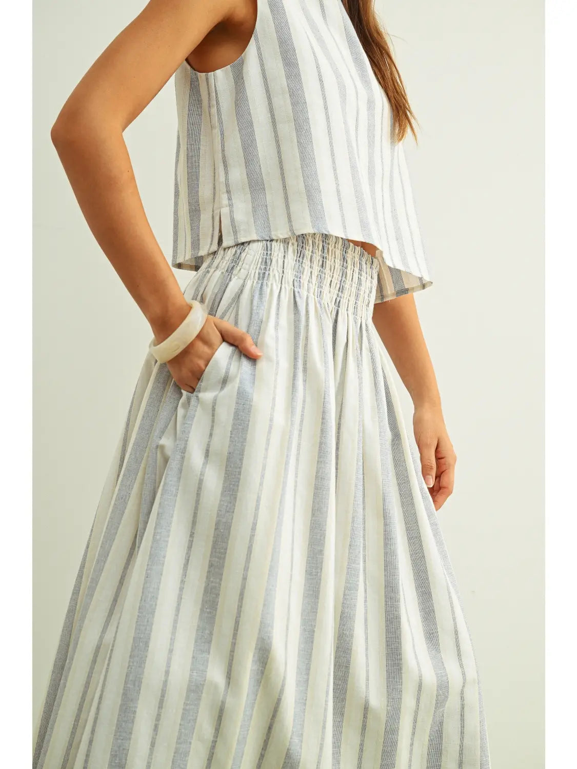 Striped Smocked Waist Maxi Skirt - Blue/Oatmeal