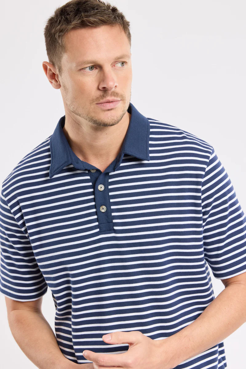 Heritage Striped Polo Shirt - Cotton - Marine Deep / Blanc