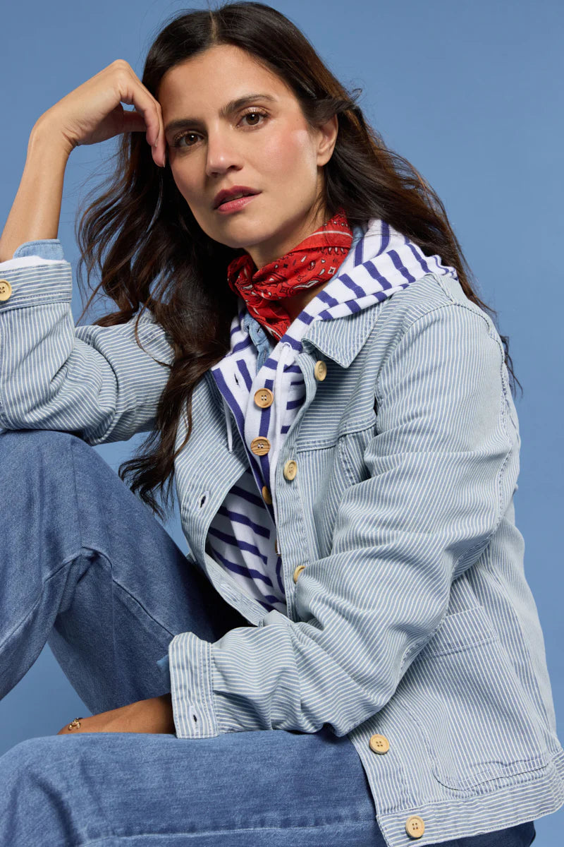Striped Fisherman's Jacket - Cotton - Fines Rayures Denim/Blanc
