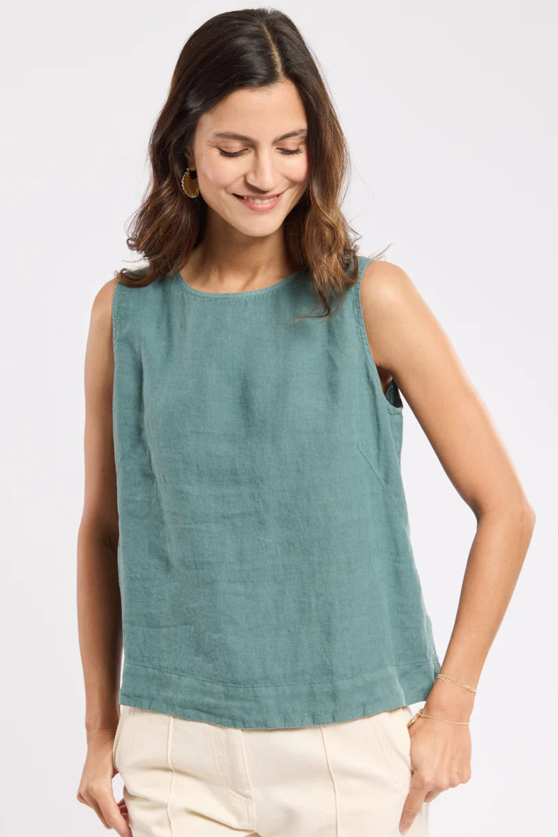 Button-Back Linen Tank Top - Silver Pine