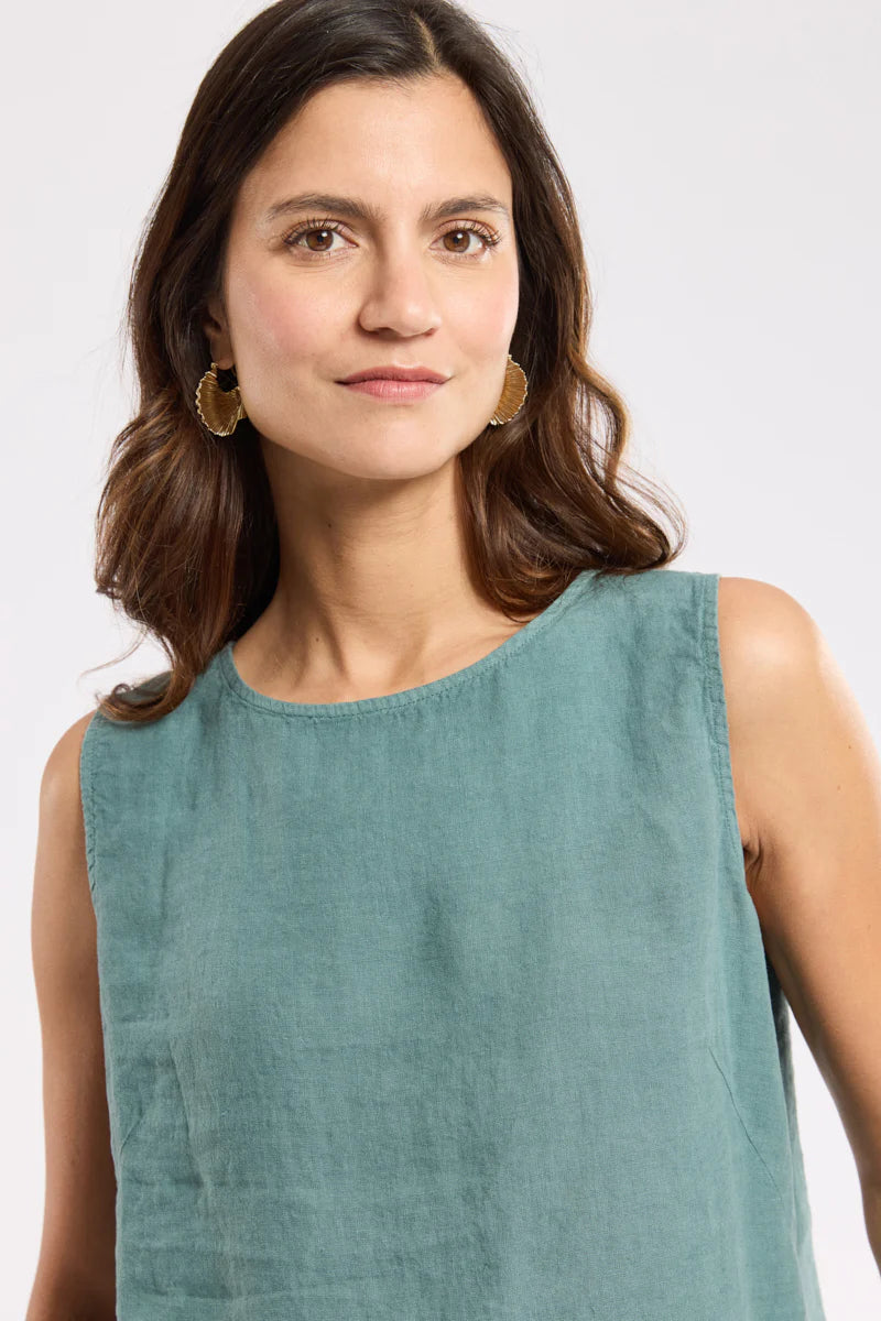 Button-Back Linen Tank Top - Silver Pine