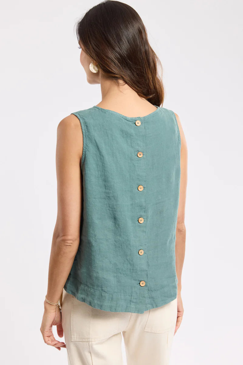 Button-Back Linen Tank Top - Silver Pine