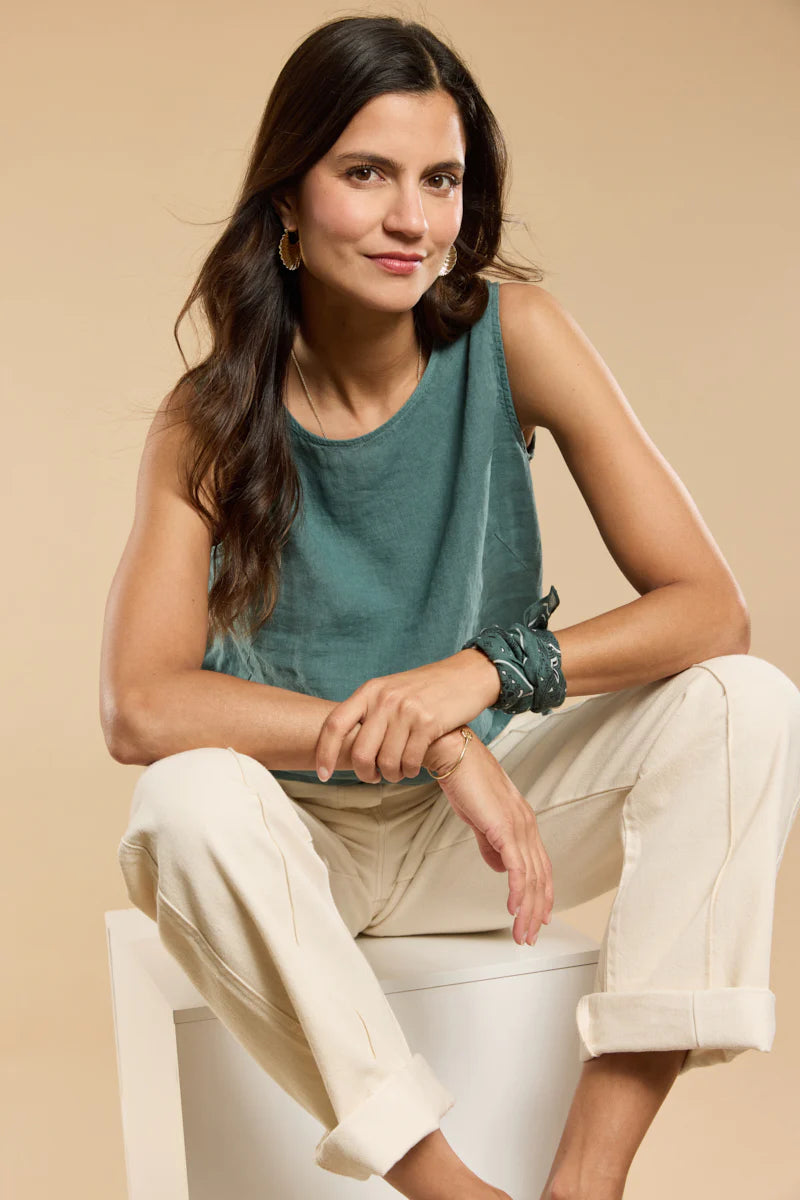 Button-Back Linen Tank Top - Silver Pine