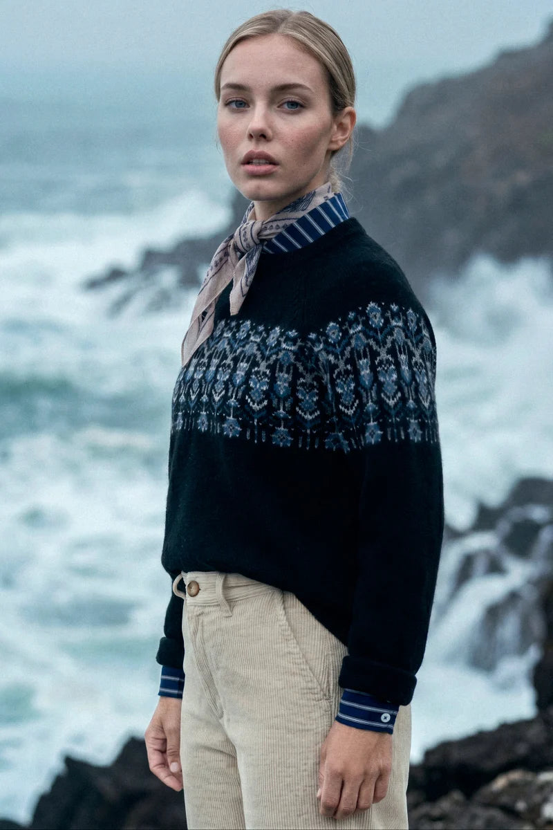 Héritage Jacquard Sweater - Wool - Jacquard Fleurs Noir