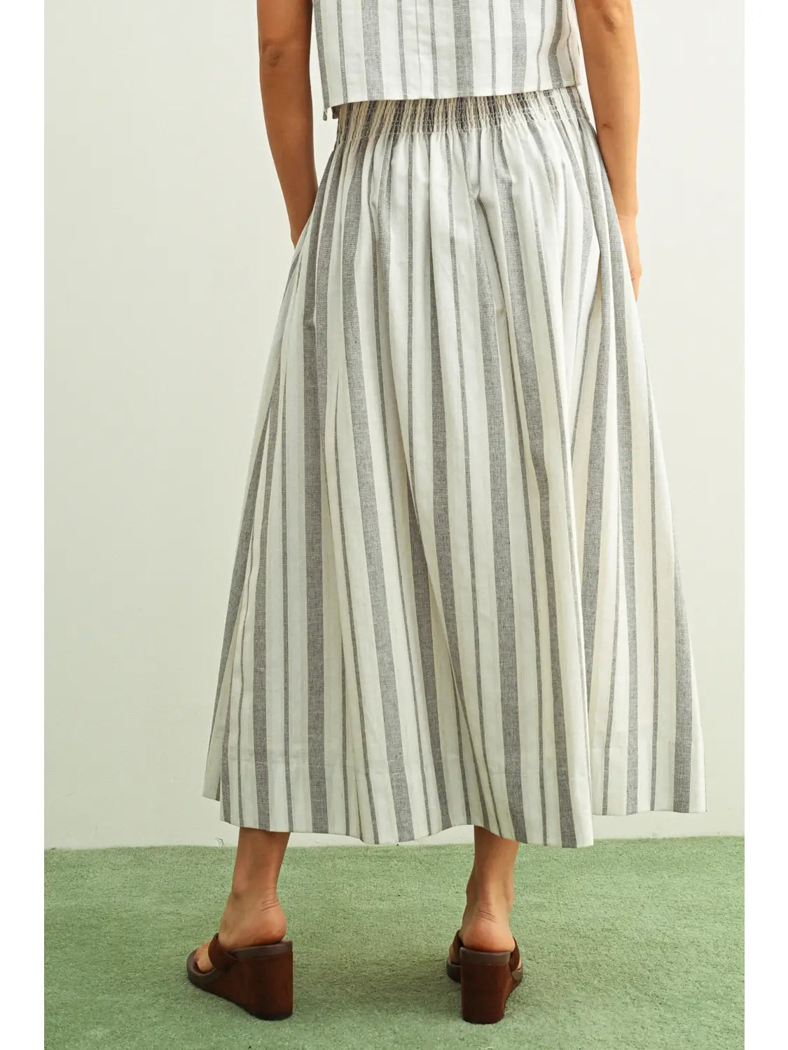 Striped Smocked Waist Maxi Skirt - Black/Oatmeal