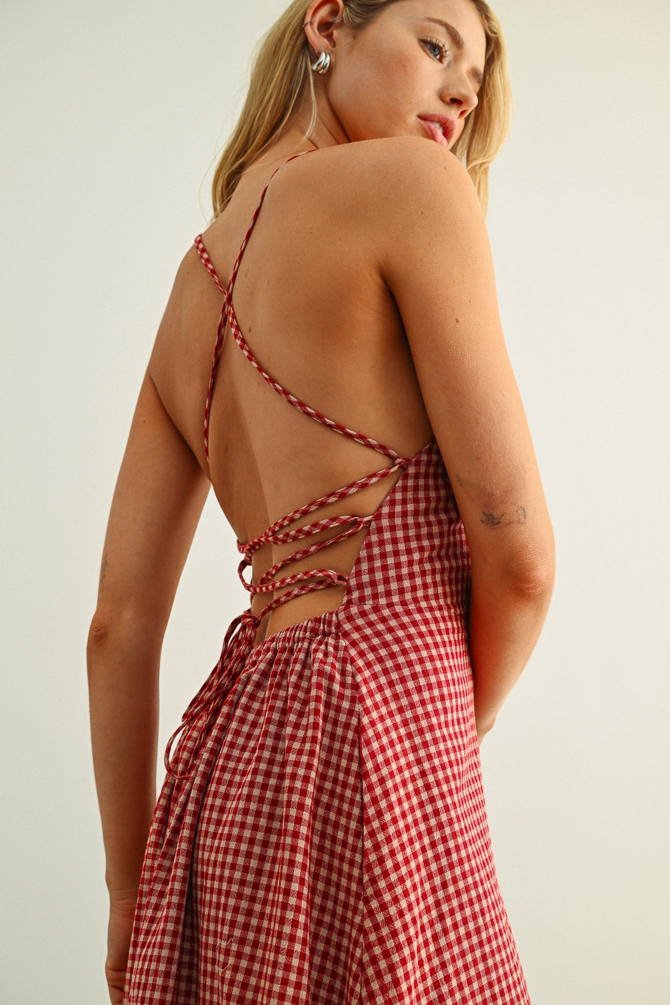 Gingham Lace-Up Maxi Dress - Red