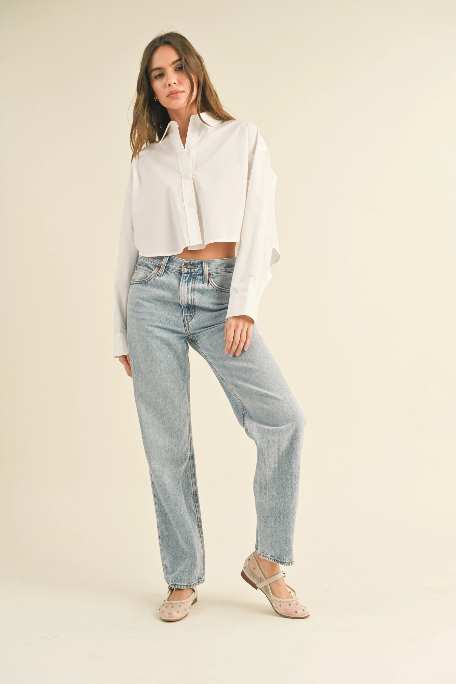 Cropped Cotton Button Down - White