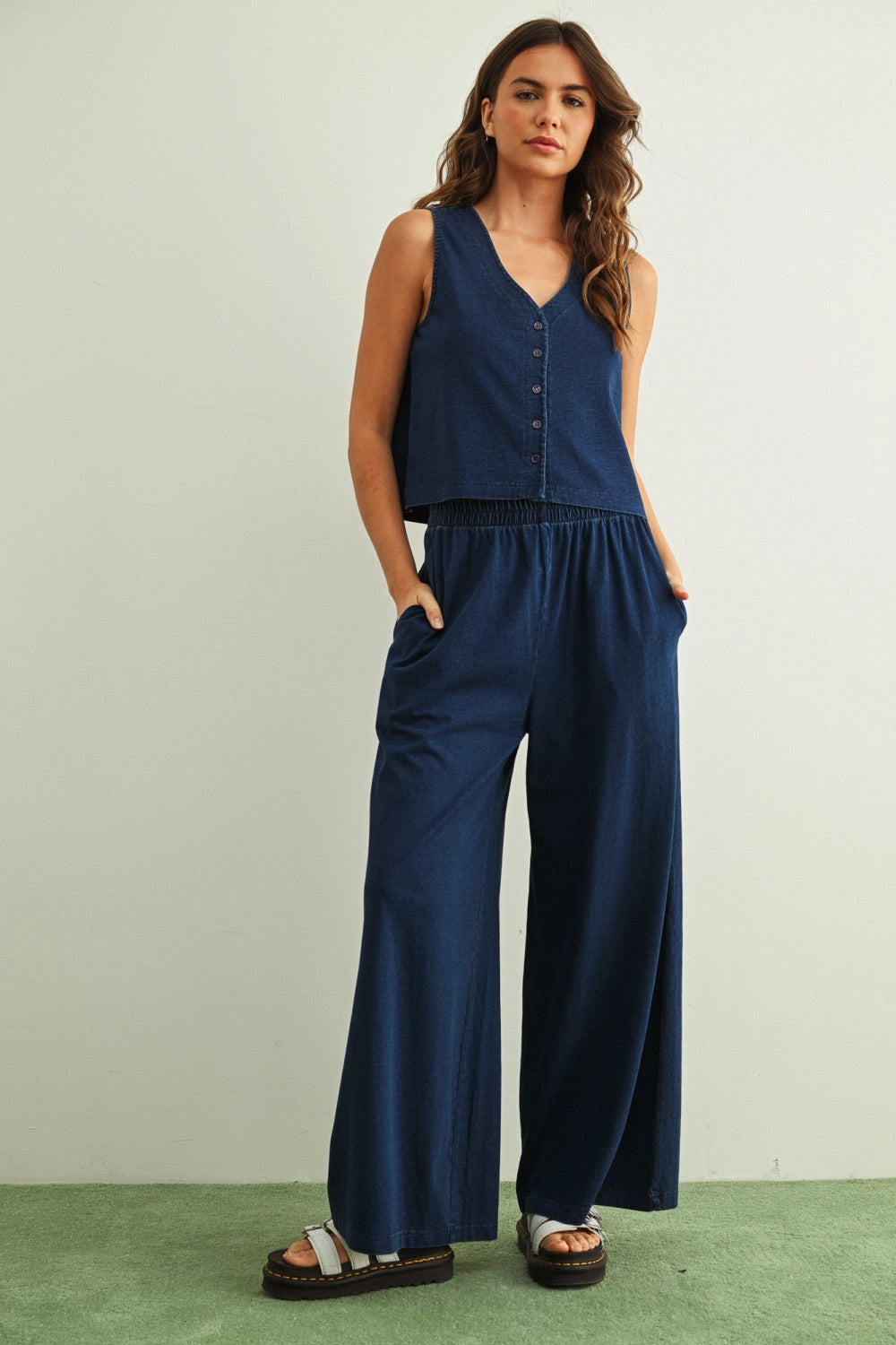 Washed Knit Wide Leg Pants - Indigo Blue