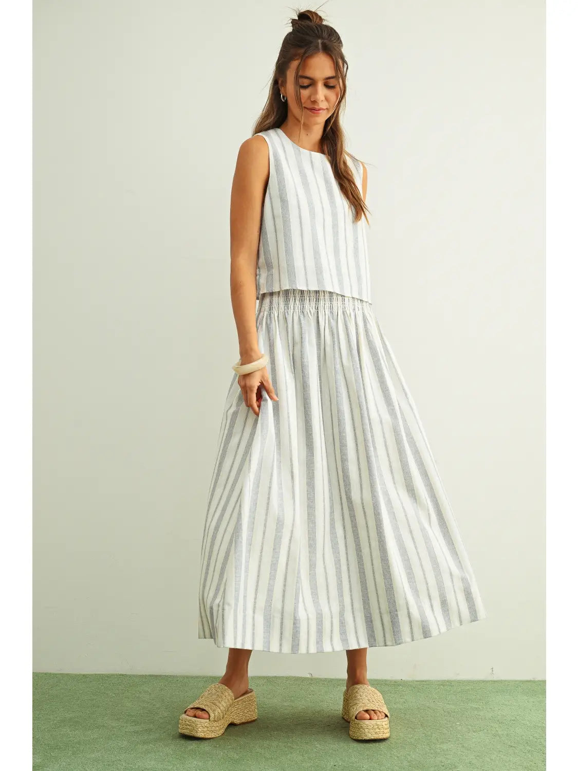 Striped Smocked Waist Maxi Skirt - Blue/Oatmeal