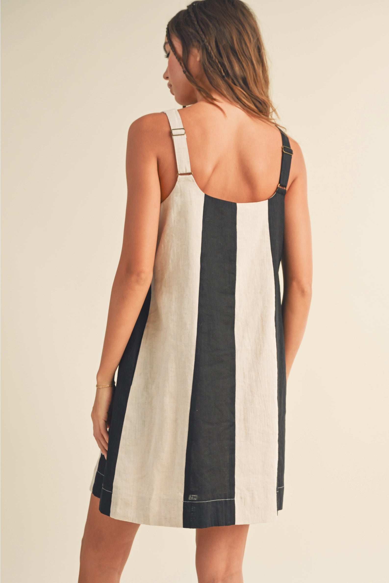 Color Block Linen Mini Dress - Black/Oatmeal
