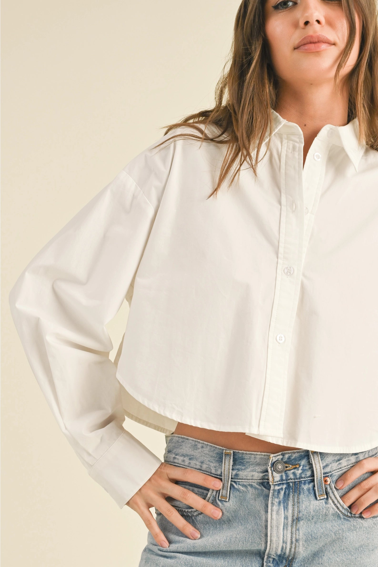 Cropped Cotton Button Down - White