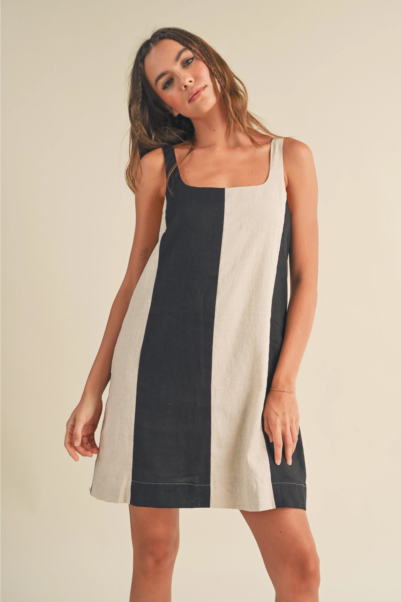 Color Block Linen Mini Dress - Black/Oatmeal