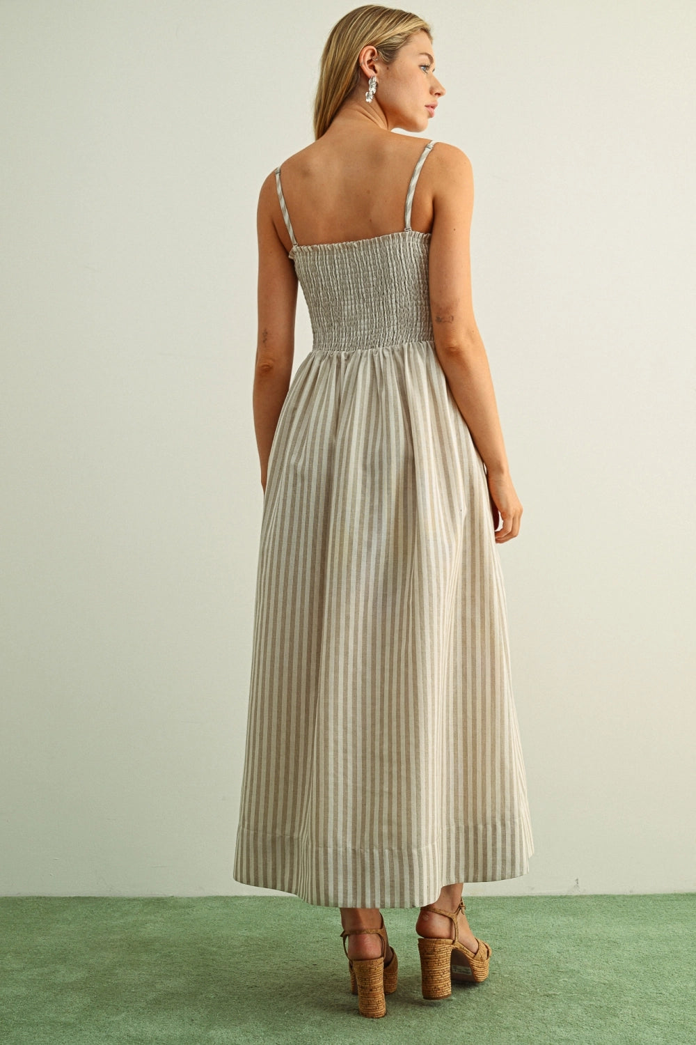 Striped Smocked Maxi Dress - Tan
