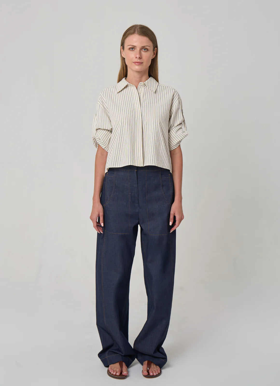 Alex Roll-Tab Sleeve Stripe Shirt - Seersucker Stripe Brown/White
