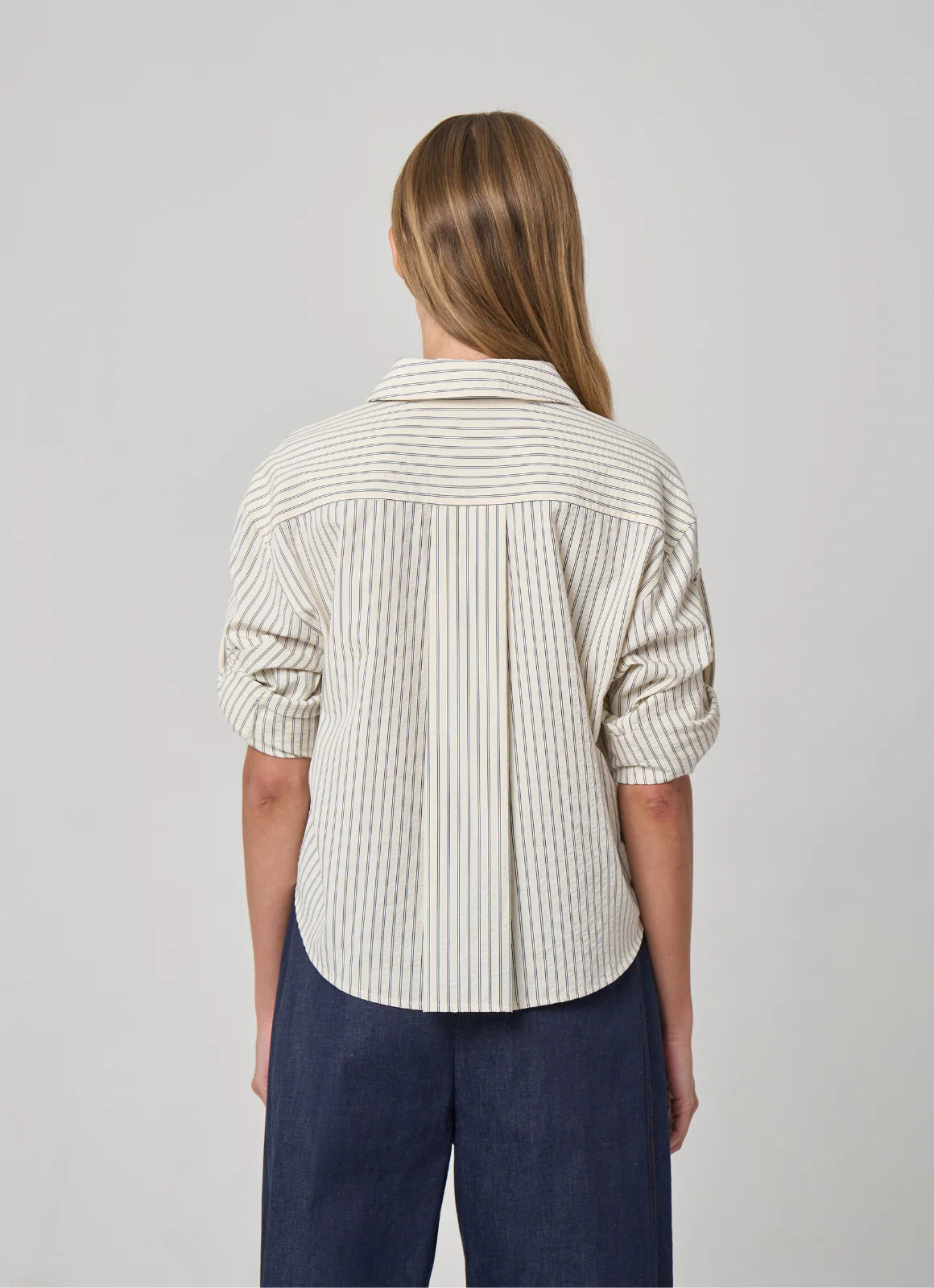 Alex Roll-Tab Sleeve Stripe Shirt - Seersucker Stripe Brown/White