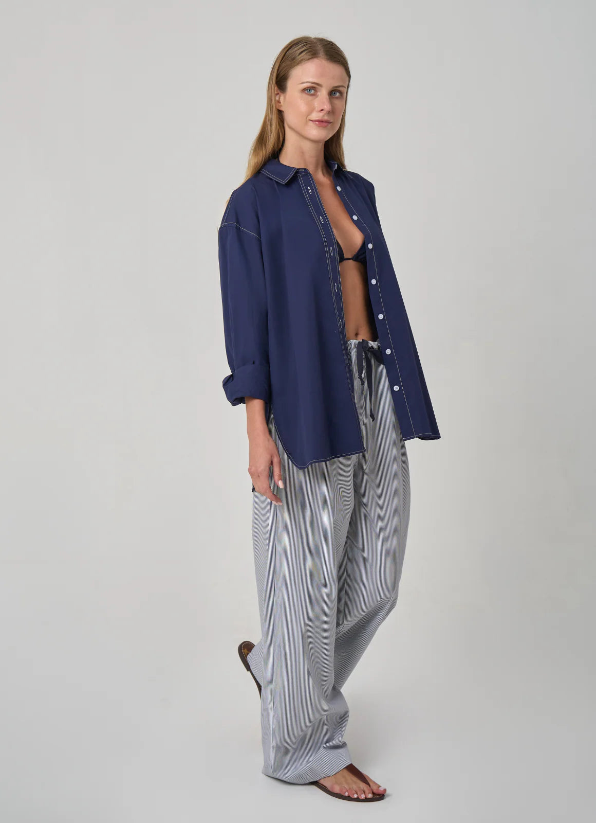 Alyssa Stripe Drawstring in Cotton - Navy/White