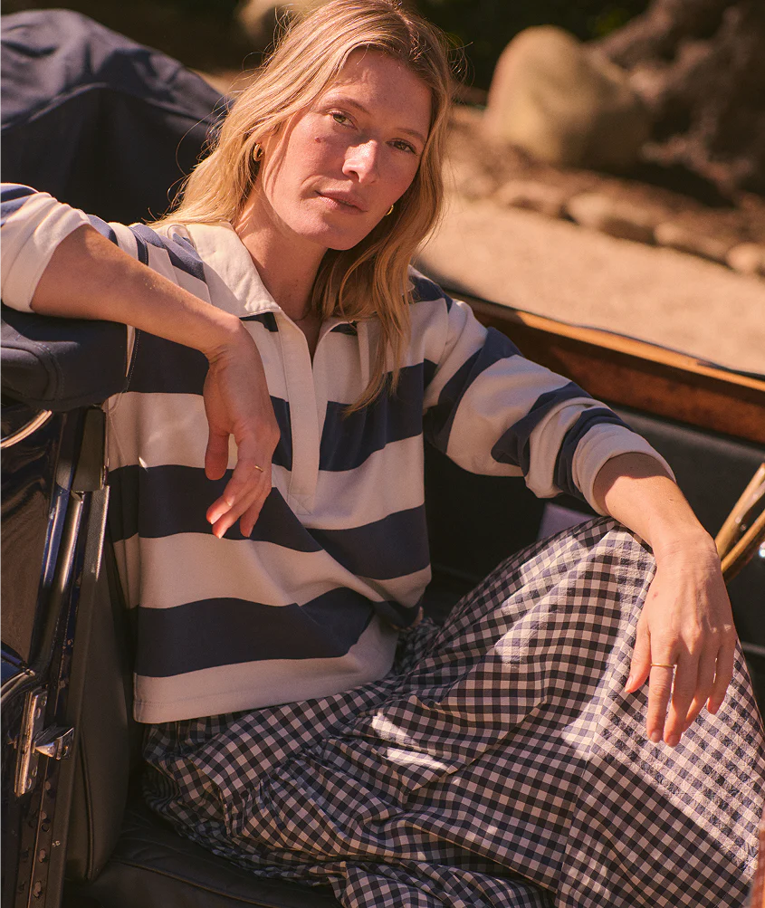 Luxe Sueded Polo Tee - Navy Stripe