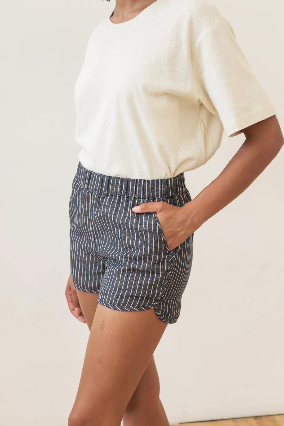 The Luca Track Short - Denim Herringbone Stripe