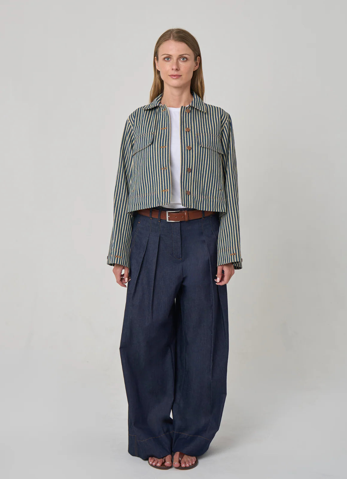 Carly Stripe Jacket in Cotton - Vintage Blue/Cream