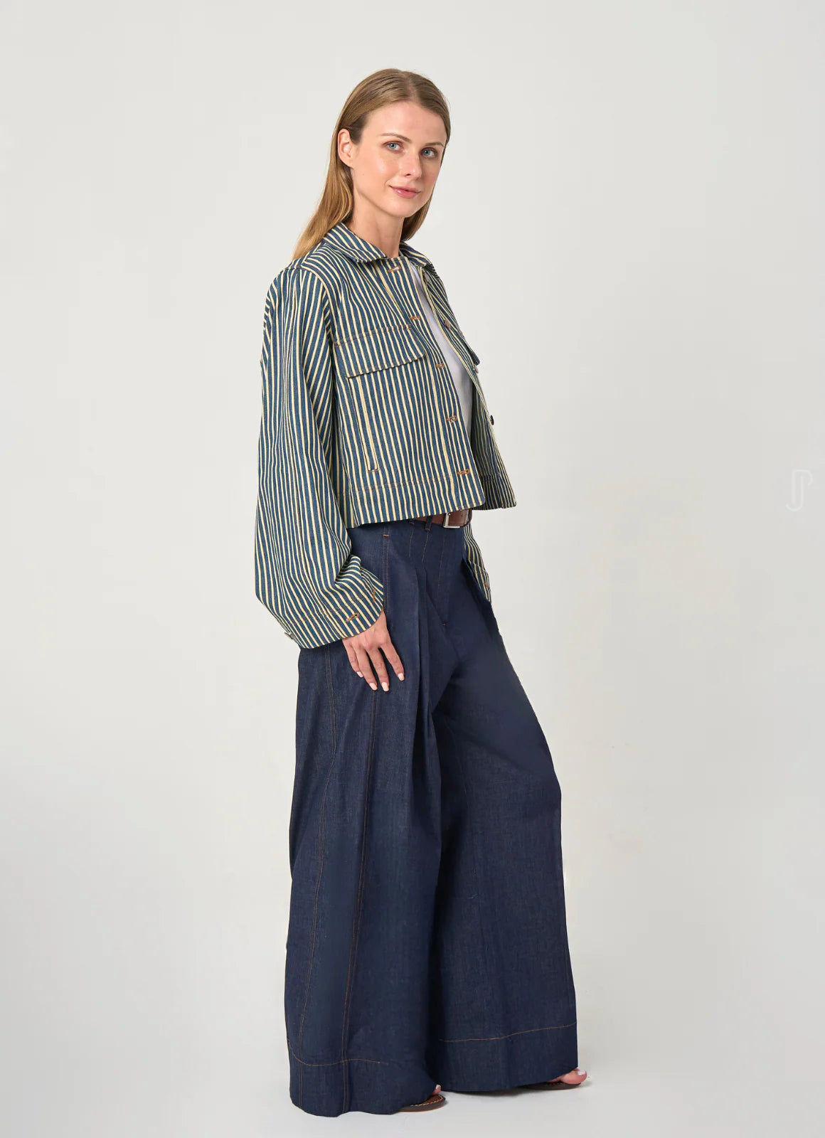 Carly Stripe Jacket in Cotton - Vintage Blue/Cream