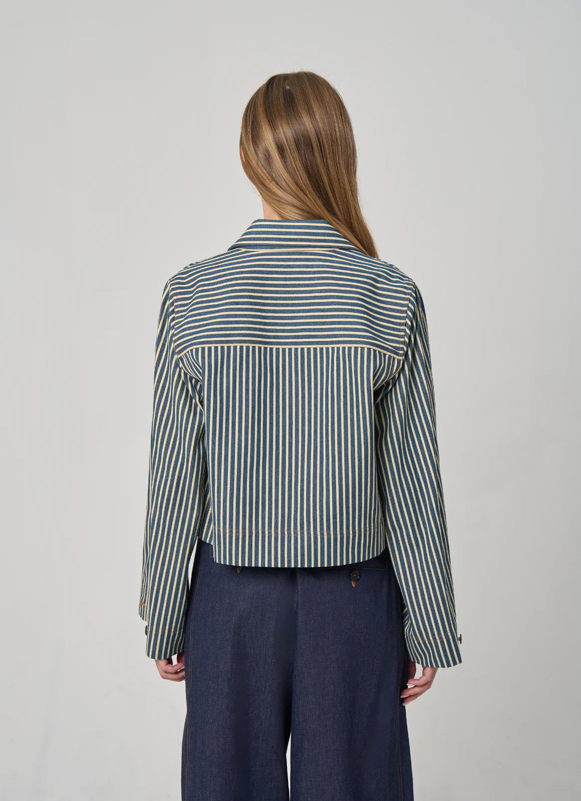 Carly Stripe Jacket in Cotton - Vintage Blue/Cream