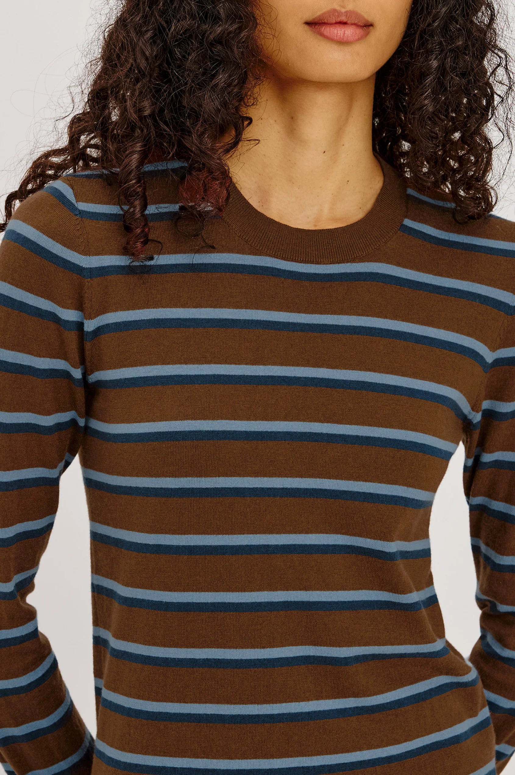 Davie Cotton Cashmere Long Sleeve Tee - Mocha Stripe