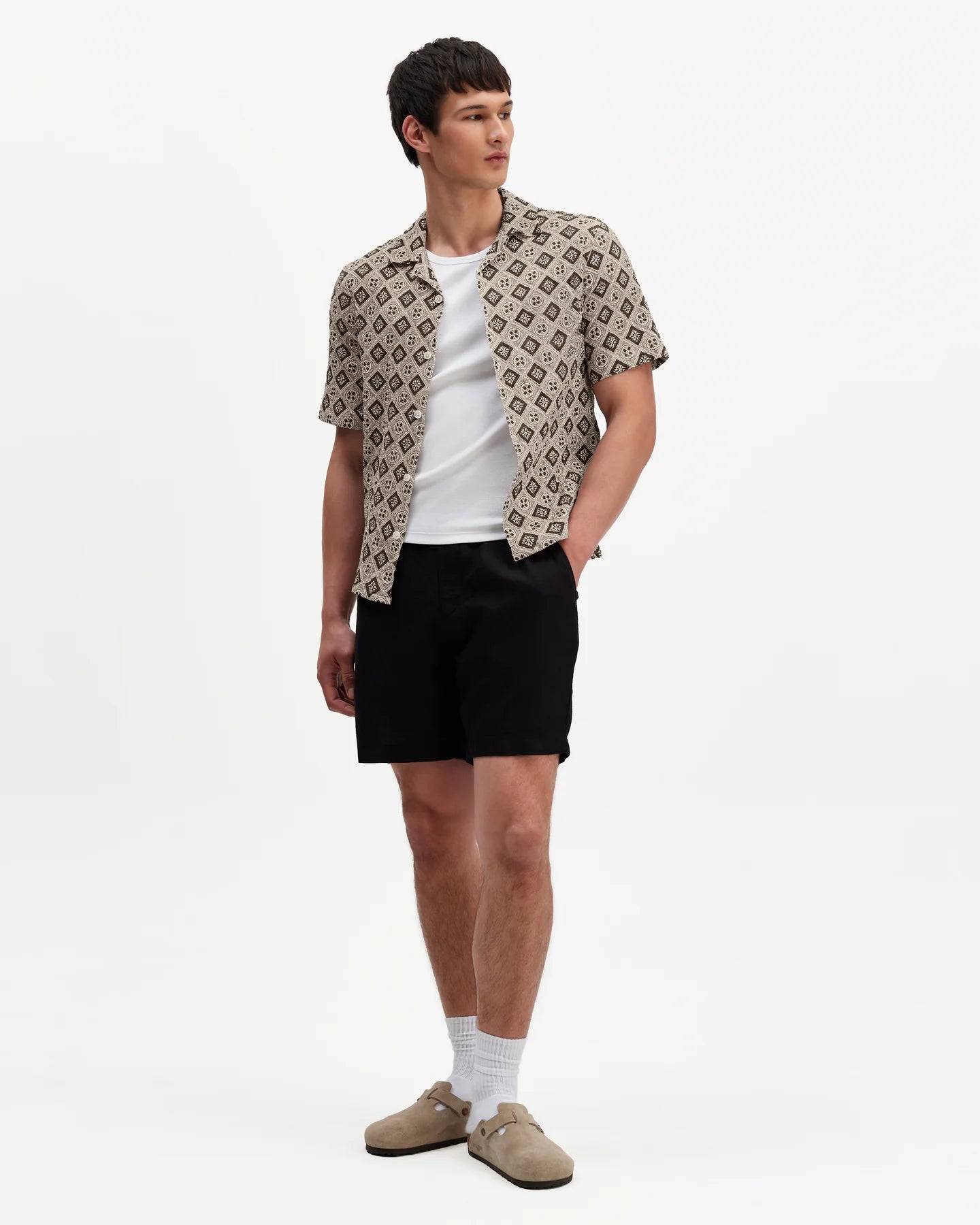 Didcot Short Sleeve Shirt - Cotton Tile Print - Ecru / Black