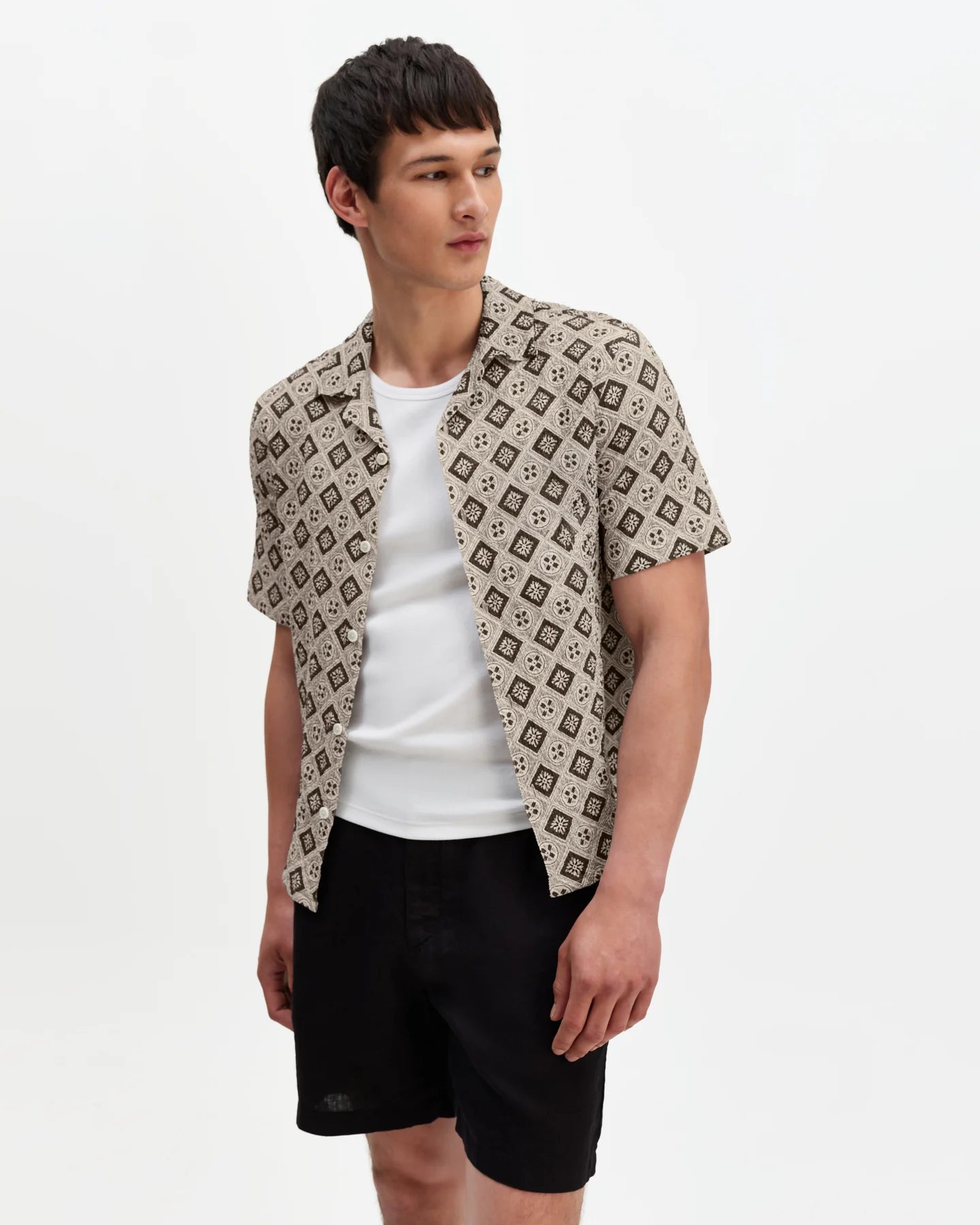 Didcot Short Sleeve Shirt - Cotton Tile Print - Ecru / Black