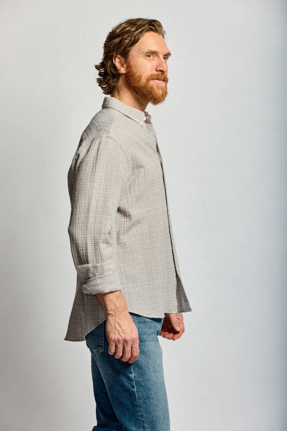 Crinkle Plaid Button Down - Stone