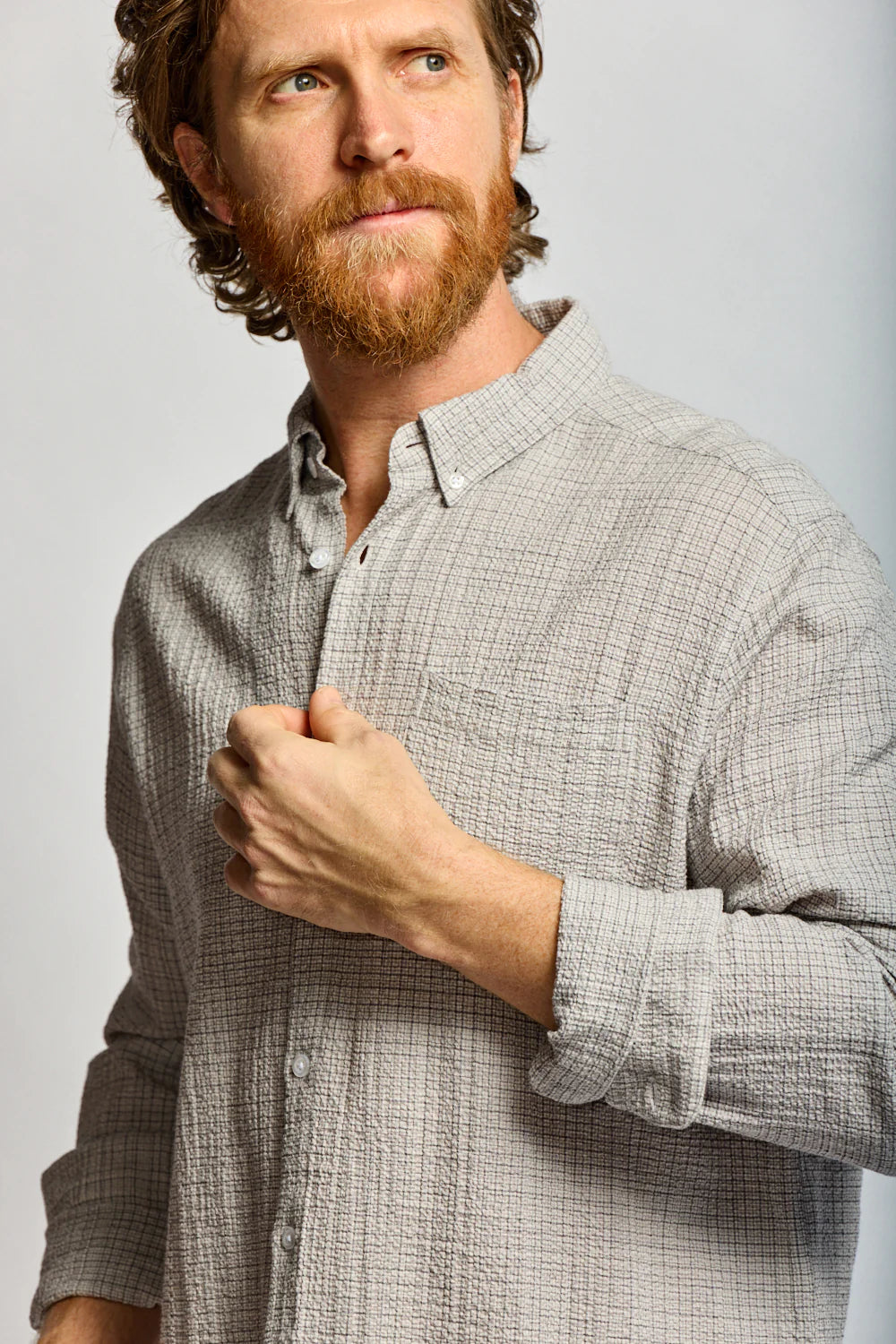 Crinkle Plaid Button Down - Stone