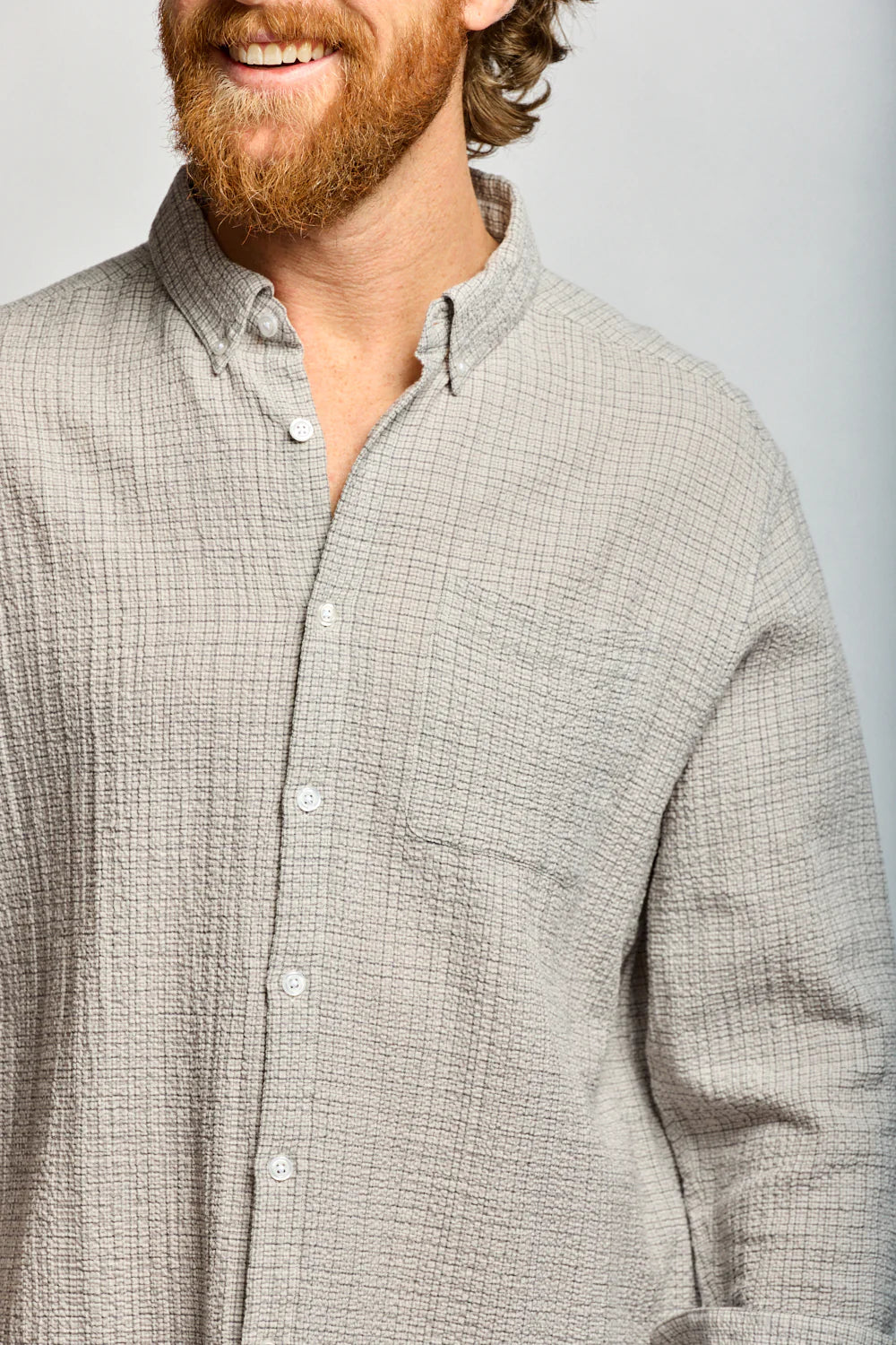 Crinkle Plaid Button Down - Stone
