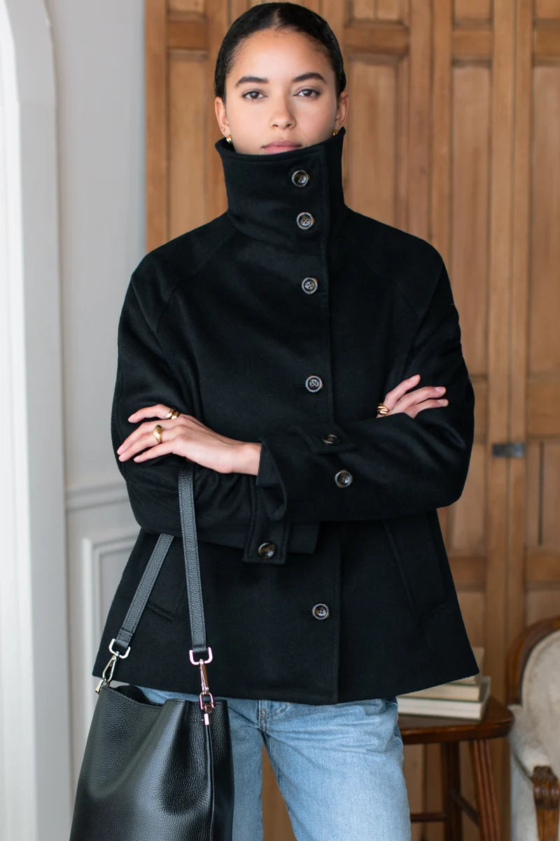 Funnel Neck Coat - Black Wool