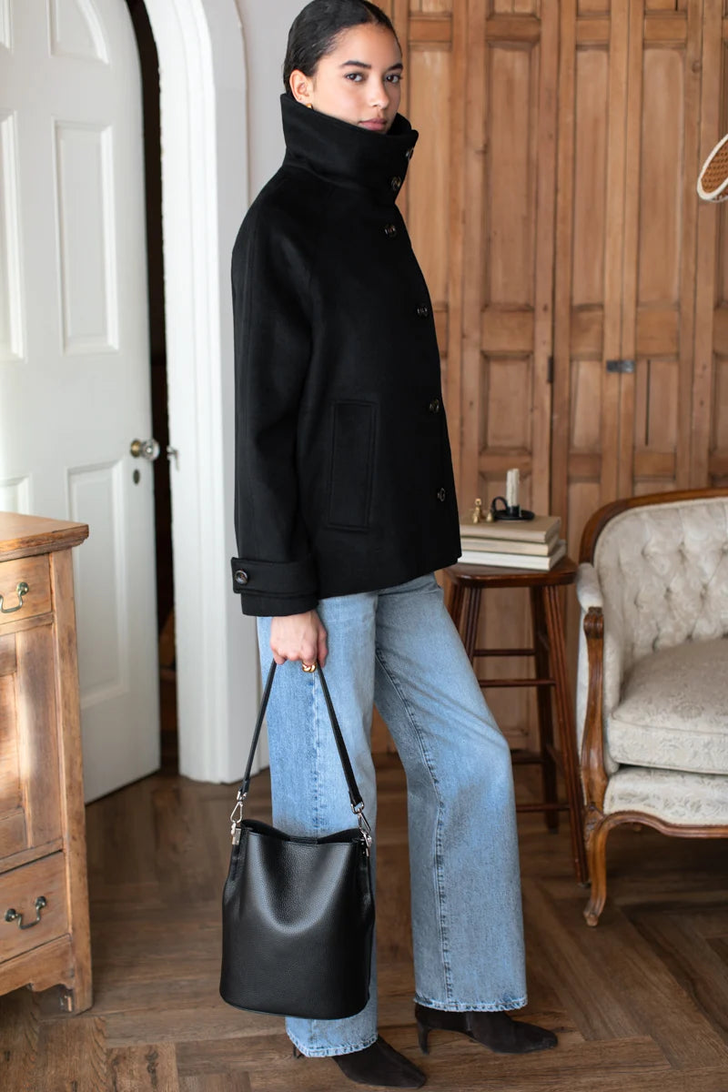 Funnel Neck Coat - Black Wool