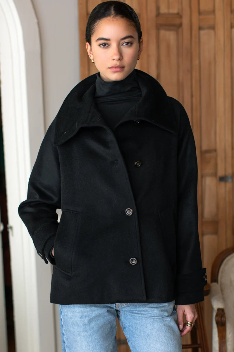 Funnel Neck Coat - Black Wool