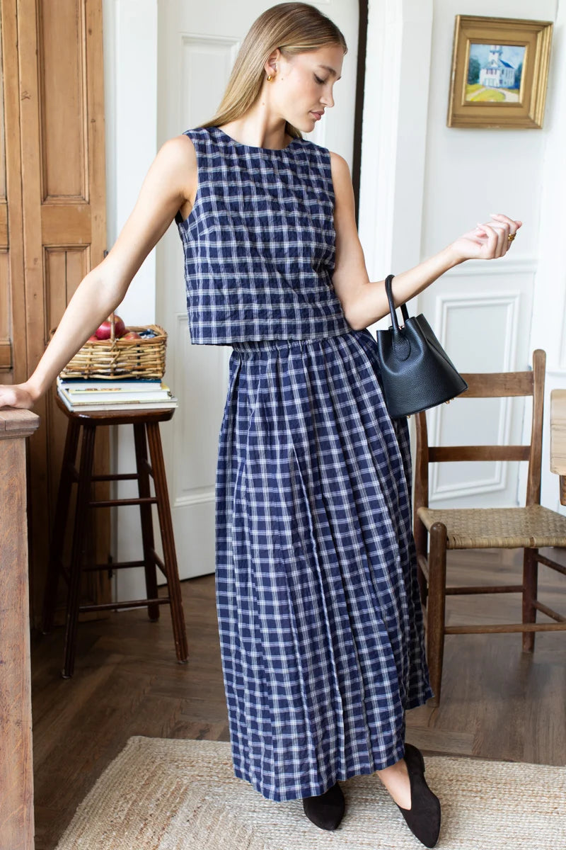 Soft Pleated Maxi Skirt - Midnight Plaid