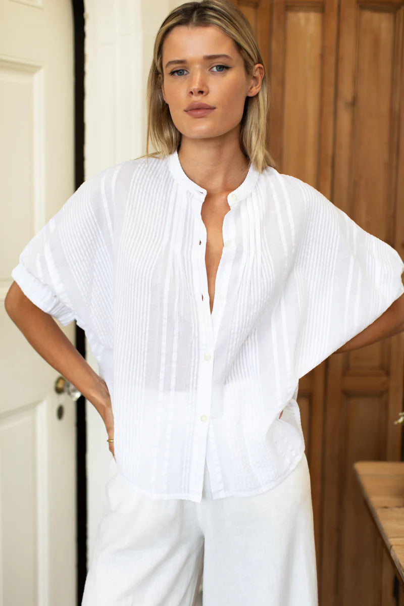 Mandarin Collar Top - Cloud Seersucker Organic