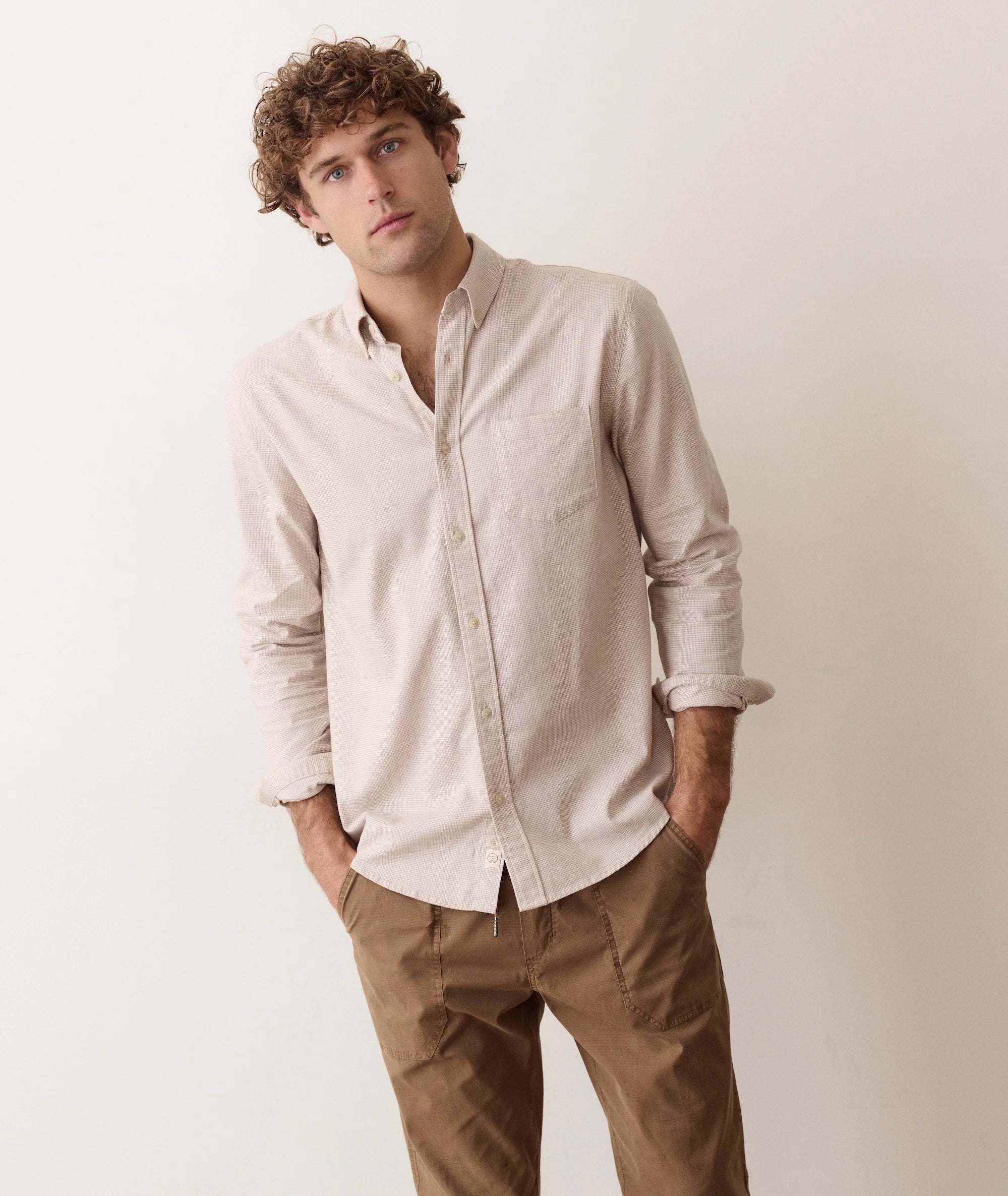 California Oxford Shirt - Taupe Houndstooth