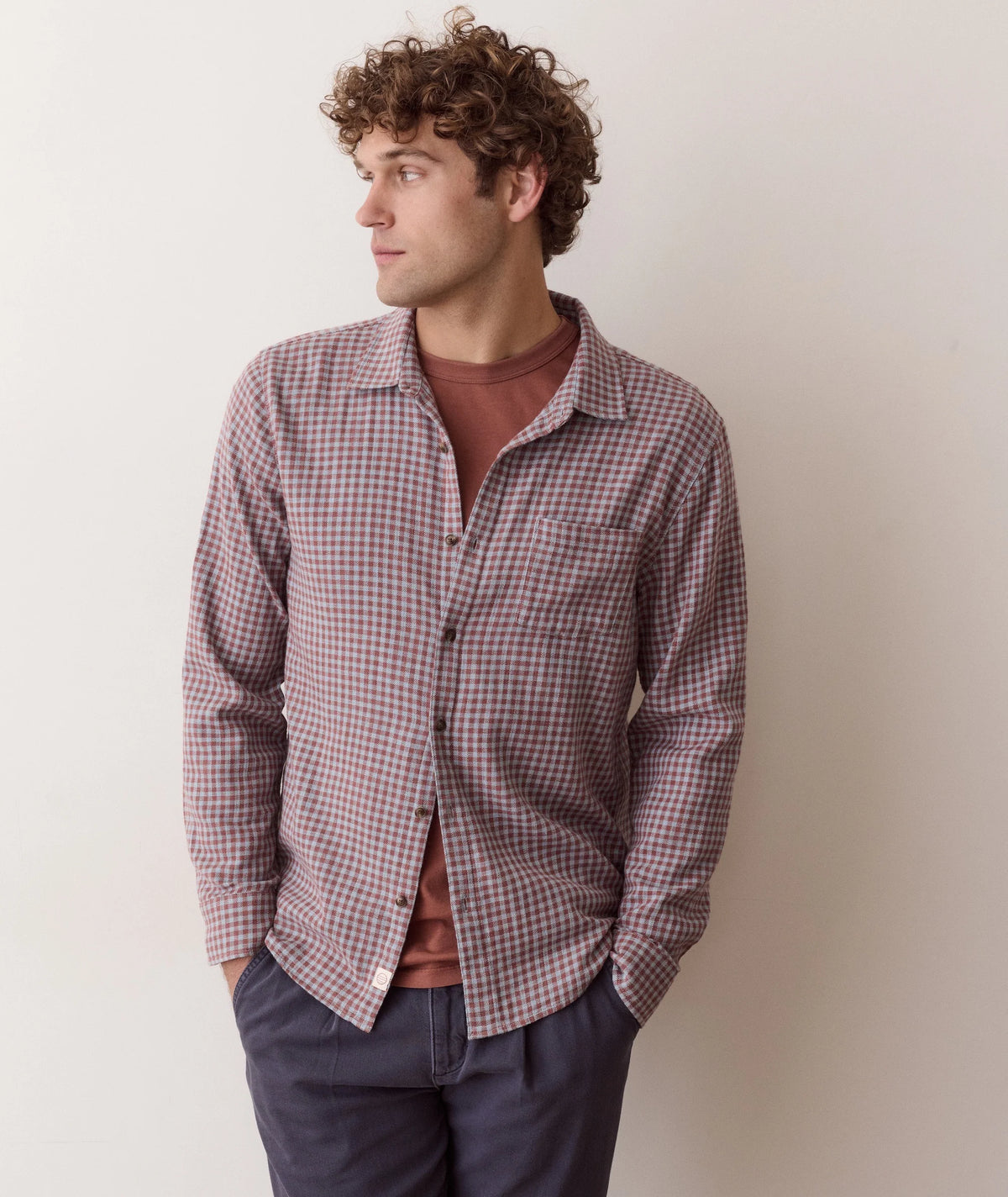 Stretch Selvage Long Sleeve Shirt - Burgundy/Blue Gingham